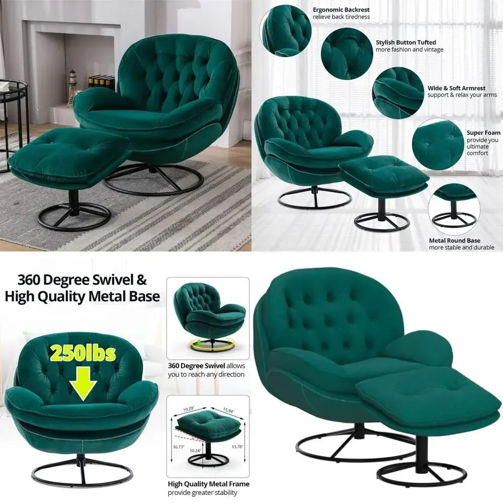 luxurious velvet swivel chair and ottoman set, contemporary lounge chair with metal frame and footrest, cozy single relaxation s