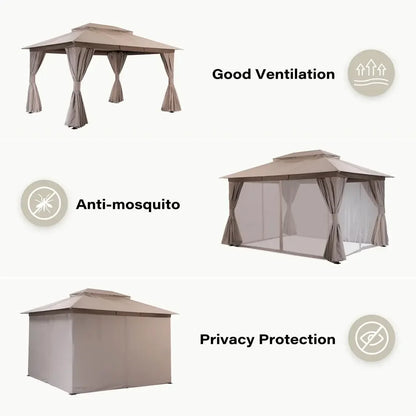 Gazebo 10x13ft, Heavy Duty Patio Gazebo with Expansion Bolts, Party Canopy Tent with Double Roofs, Mosquito Nettings and Privac