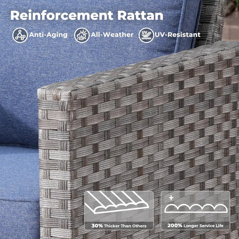 Patio Rocking Chair, Outdoor Wicker Rattan Chair with Comfortable Cushions and Deep Seat for Porch Garden Deck, Denim Blue