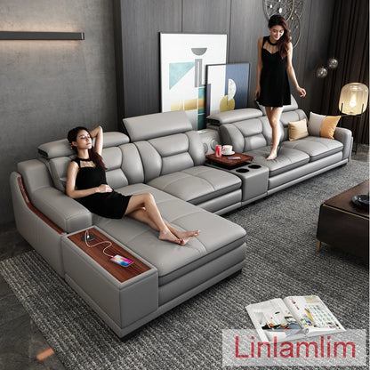 Beautify Your Living Room with Linlamlim Italian Genuine Leather Sofa - Bluetooth Speaker, Adjustable Headrests and USB Charging