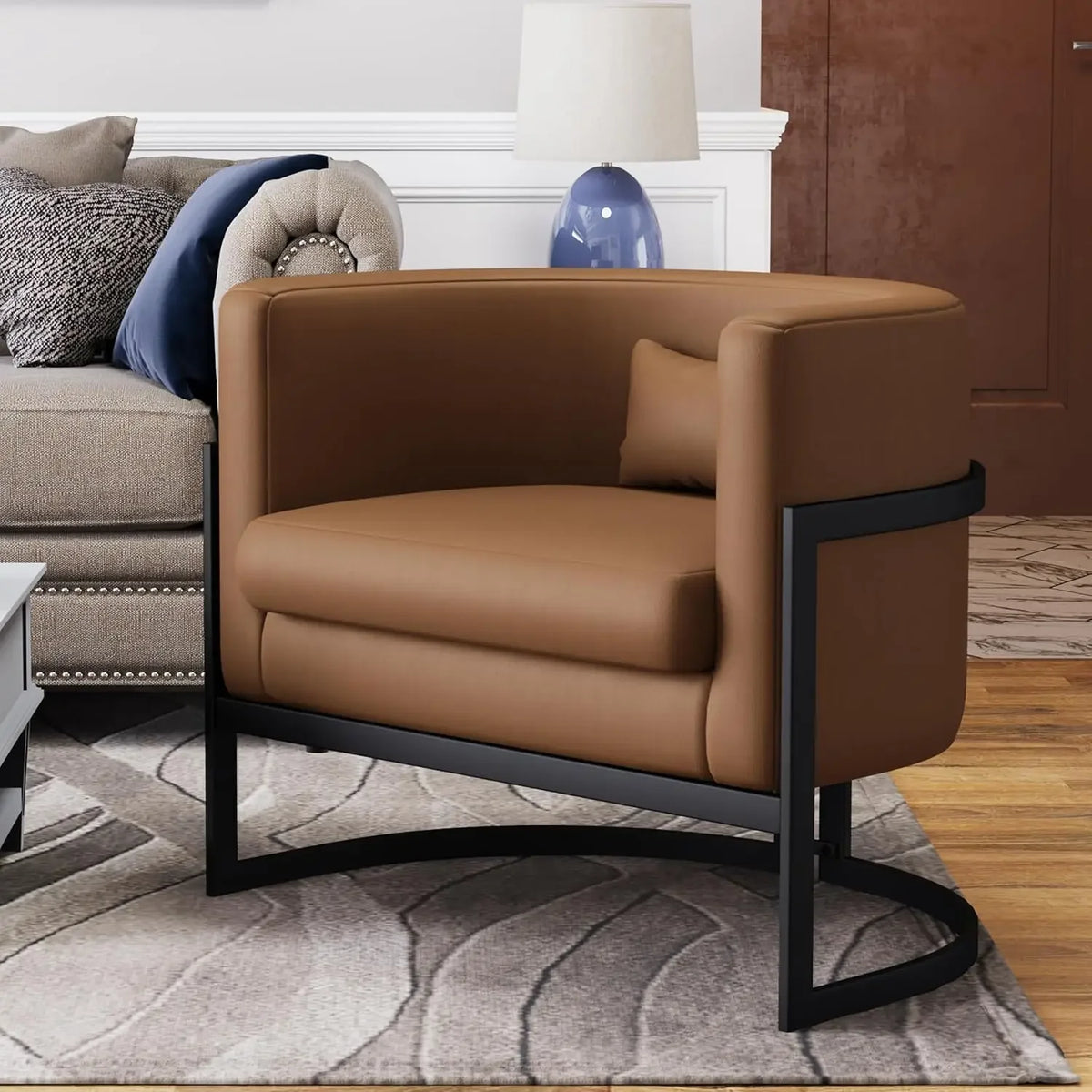 Velvet Upholstered Accent Chair with Gold Frame, Modern Barrel Armchair for Bedroom, Living Room, or Vanity Corner