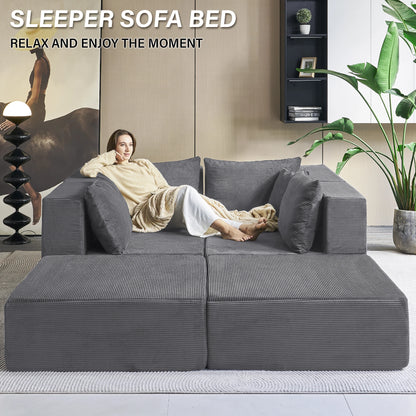 140" Modular Sectional Sofa Couches Corduroy Sleeper Deep Seat Sofa Bed, Comfy Cloud Couch for Living Room Floor Sofa, 6 Piece F