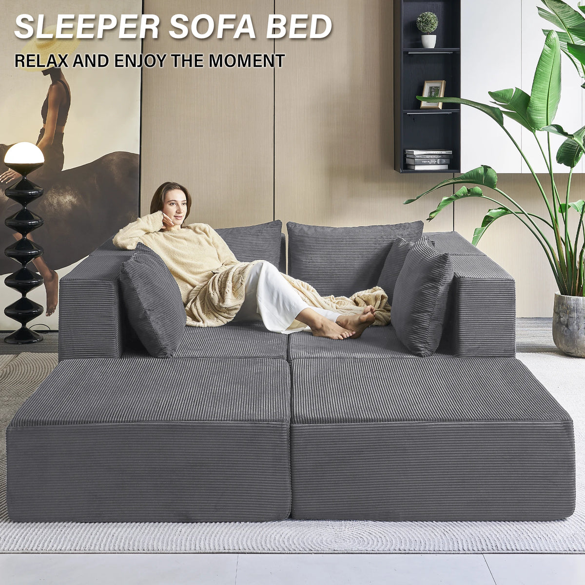 Modular Sectional Sofa Couches Corduroy Sleeper Deep Seat Sofa Bed, 6 Piece