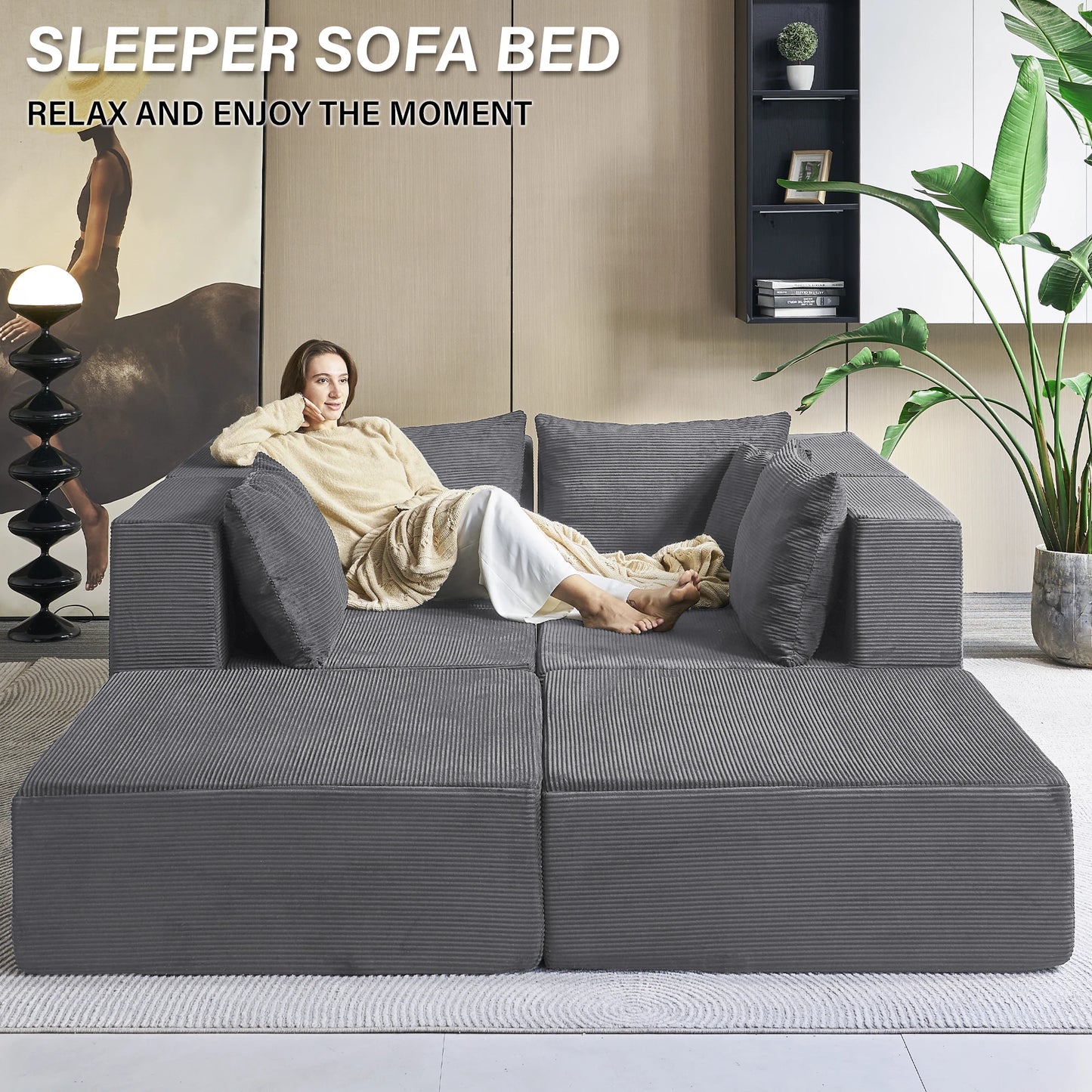 140" Modular Sectional Sofa Couches Corduroy Sleeper Deep Seat Sofa Bed, Comfy Cloud Couch for Living Room Floor Sofa, 6 Piece F