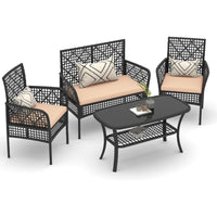 4 Pieces Outdoor Patio Furniture Set Featuring PE Rattan Wicker Garden Conversation Chairs with Tempered Glass Table and Soft C