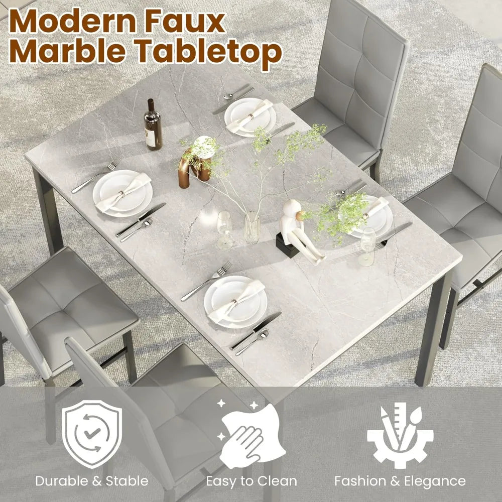 4-person Dining Table Set, Modern Artificial Marble Dining Table with 4 PU Leather Chairs, 5-piece Small Dining Table Set