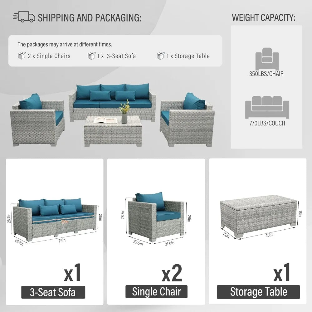 4-Piece Wicker Patio Furniture Set, PE Rattan Sectional Sofa with Storage Table, All-Weather Outdoor Conversation Sets.