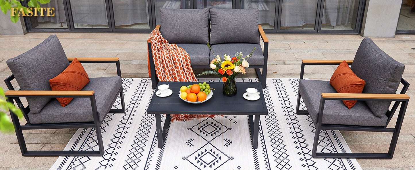 Patio Furniture Set, Metal Patio Conversation Sets with Removeble, High-Resiliency Sponge Cushions, Grey