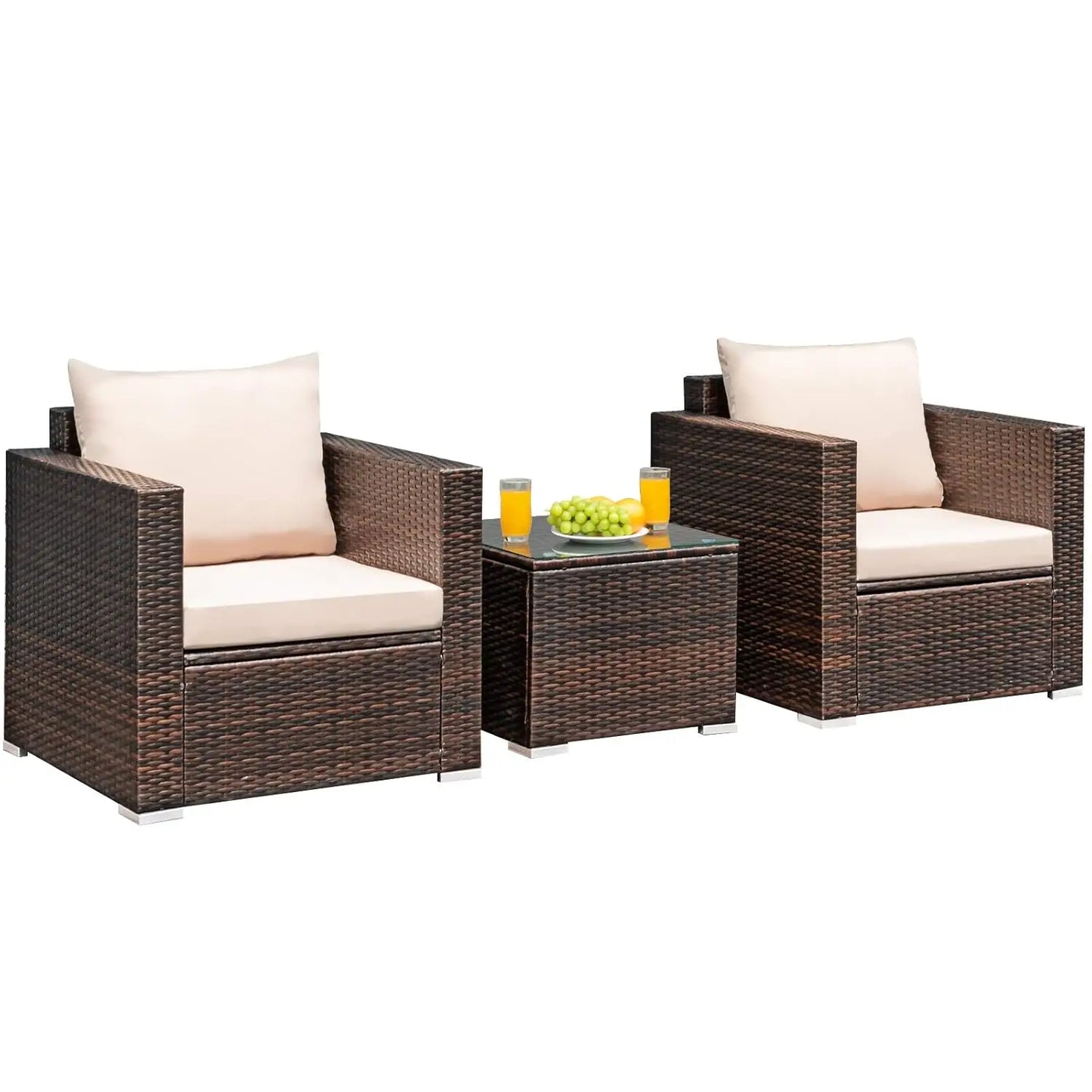 3 Pieces Patio Furniture Set, Outdoor Conversation Rattan Furniture Set w/Washable Cushion and Tempered Glass Tabletop, PE Ratta