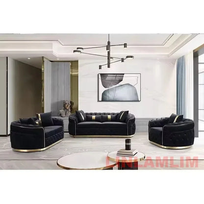 Luxury Chesterfield Sectional Sofa Set with Cloth Buttons and Fabric Modular Couch with Gold Stainless Steel Base, 3-seater Sofa
