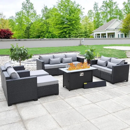 7 Piece Outdoor Furniture Set with 60000 BTU Propane Fire Pit Table and Slip-Resistant Cushions for Patio