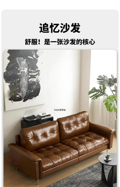 TTTTMedieval Oil Wax Leather Creative Sofa Living Room Retro Old Caramel Color Large Straight Row Sofa
