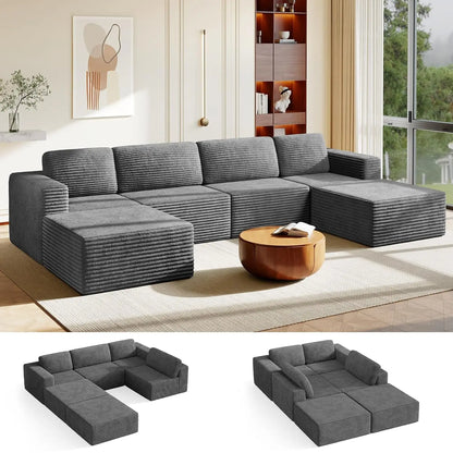 97" L-Shape Modular Sofa, 3-Seat Corduroy Couch with Movable Ottoman, Sectional Sofa for Living Room, Green, Customized