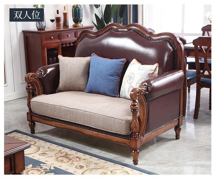 American pastoral all-solid wood sofa, European living room leather sofa, small household, coffee table type, combined light
