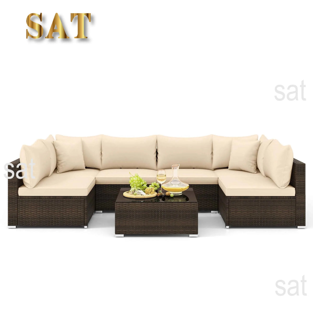 7 PCS Patio Rattan Furniture Set Sectional Sofa Cushioned Garden Brown