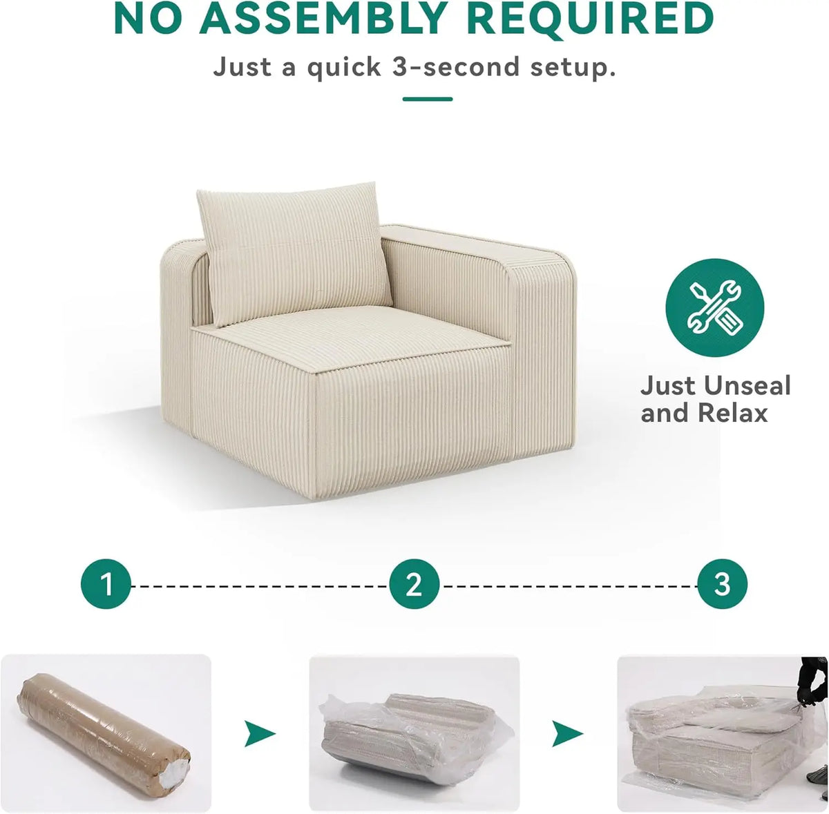 Luxurious 3-Seat Deep Modular Sectional Sofa with Cloud Comfort and 3 Pillows in Corduroy for Living Spaces and Apartments