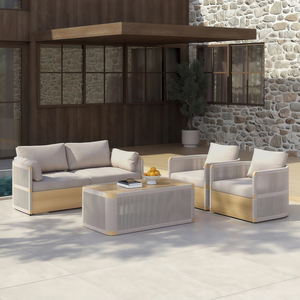 Nordic Outdoor Sofa and Coffee Table Set, Garden Designer Designed Woven Furniture Set for Courtyard and Outdoor Use