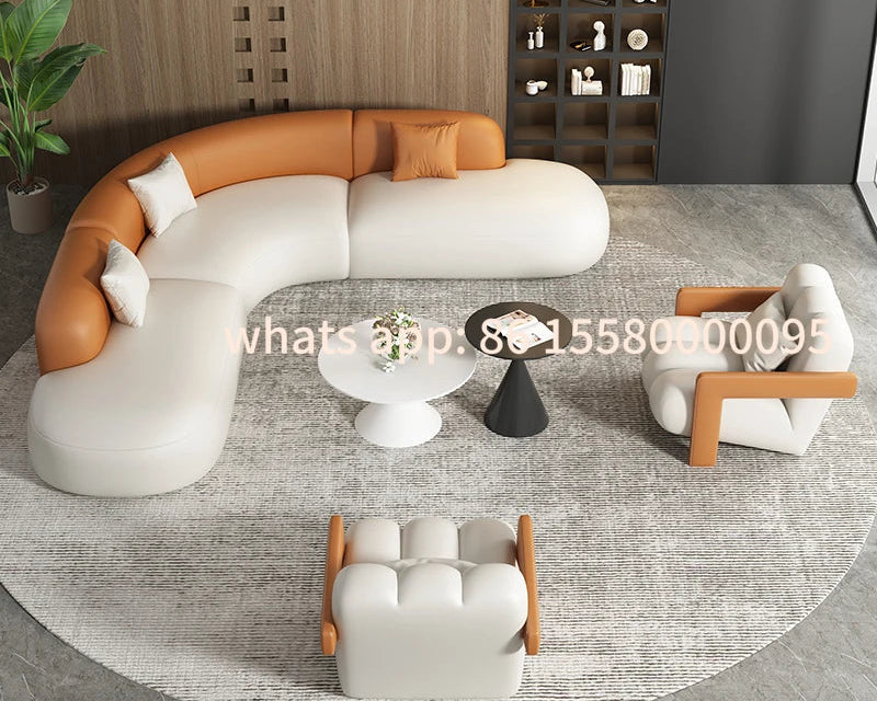 Customizable Curved Leather Corner Sofa Set with Solid Wood Frame, Modern Sectional Couches for Living Room