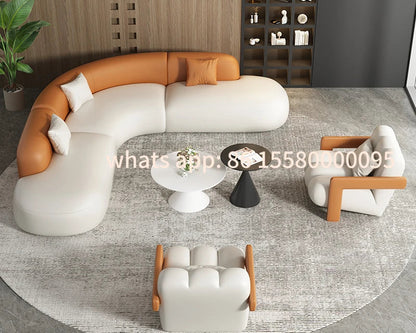 Customizable Curved Leather Corner Sofa Set with Solid Wood Frame, Modern Sectional Couches for Living Room