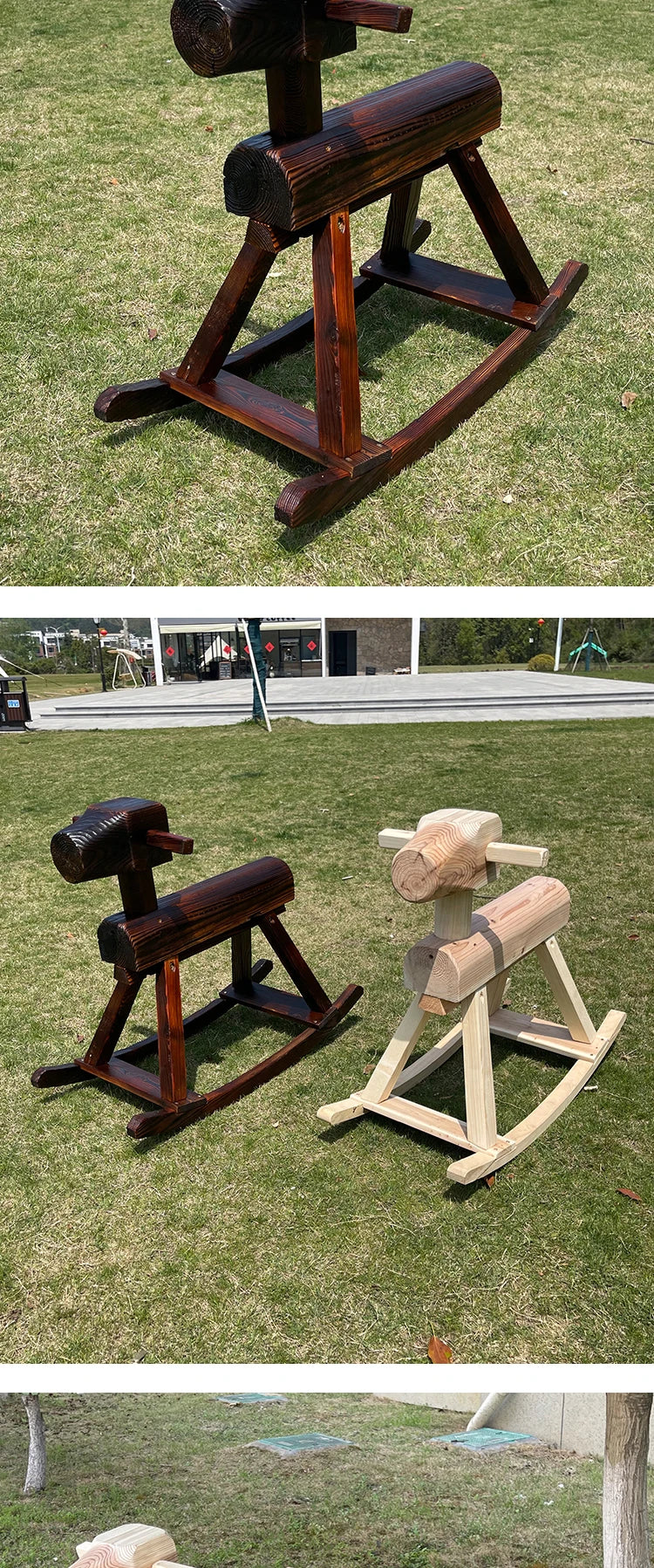 Anti-corrosive solid wood rocking horse carbonized wood rocking chair adult decoration kindergarten outdoor toy Trojan horse