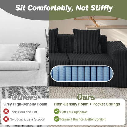 L-Shaped Memory Foam Sofa with Chaise, Corduroy Upholstery, Easy Assembly Living Room Couch (Black)