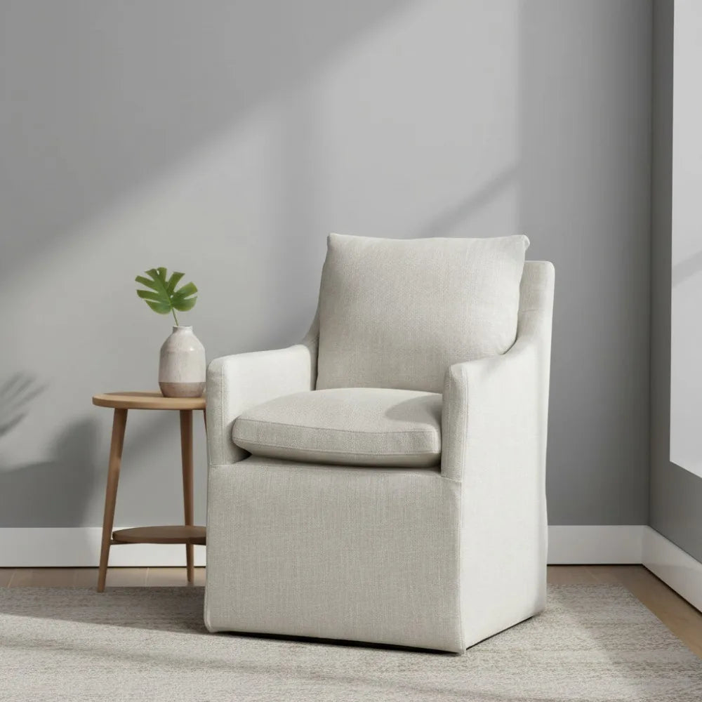 Linen Upholstered Dining Chair with 4 Casters, Ergonomic Armchair for Living Room Bedroom Office Reading