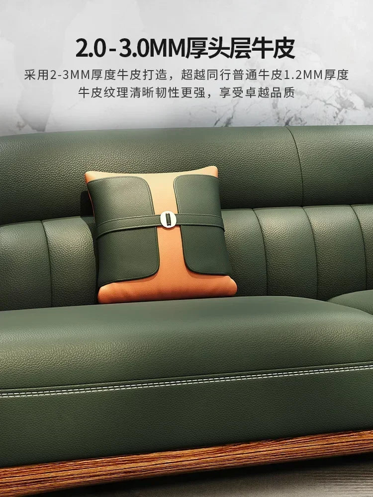 New Chinese Style Ugyen Wood Leather Sofa Large Apartment Combination New Furniture