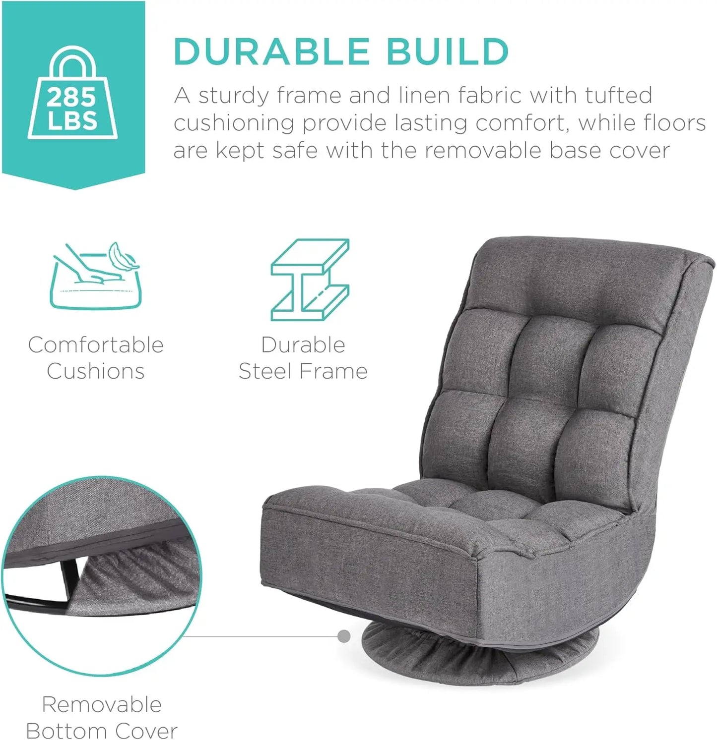 Reclining Folding Floor Gaming Chair for Home,Office,Lounging,Reading w/360-Degree Swivel,4 Adjustable Positions,Tufted Cushions
