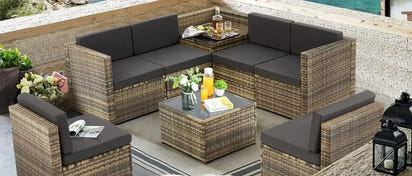 YND6-Q8 pieces outdoor Wicker rattan patio sectional furniture set.glass top table with hidden storage.7 sofa sections.oversized