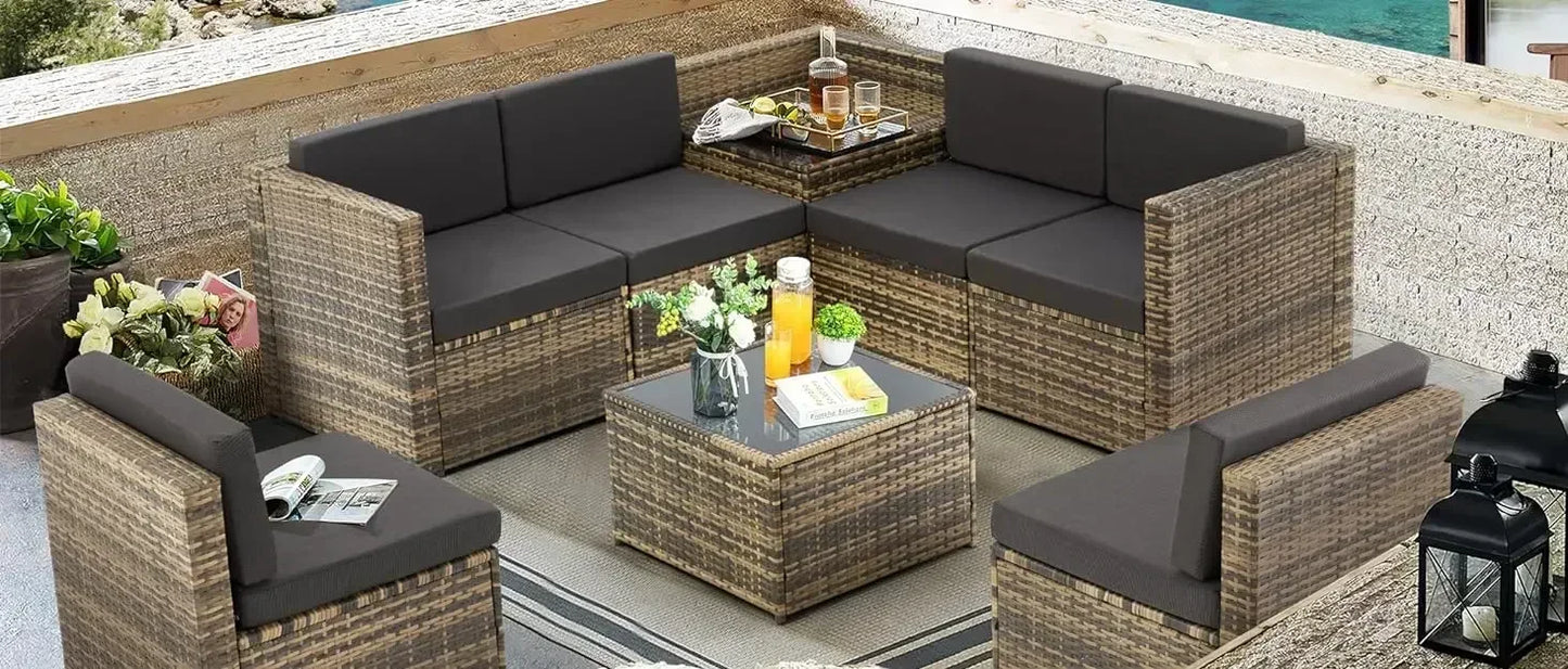 YND6-Q8 pieces outdoor Wicker rattan patio sectional furniture set.glass top table with hidden storage.7 sofa sections. oversize