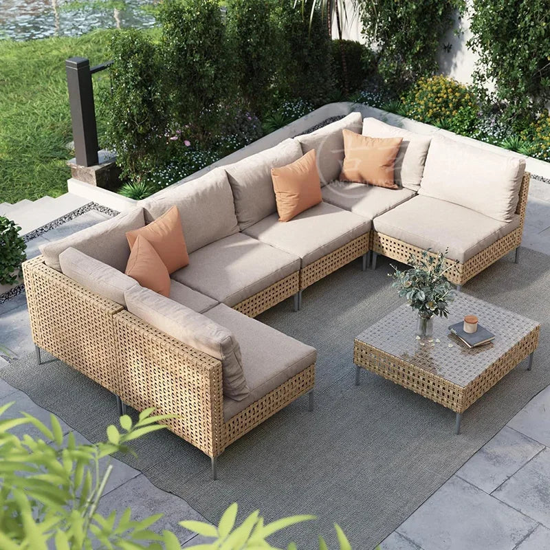 Waterproof Sunproof Woven Rattan Sofa Tea Table Set Aluminum Alloy Outdoor Furniture Patio Leisure-for Living Room Dining