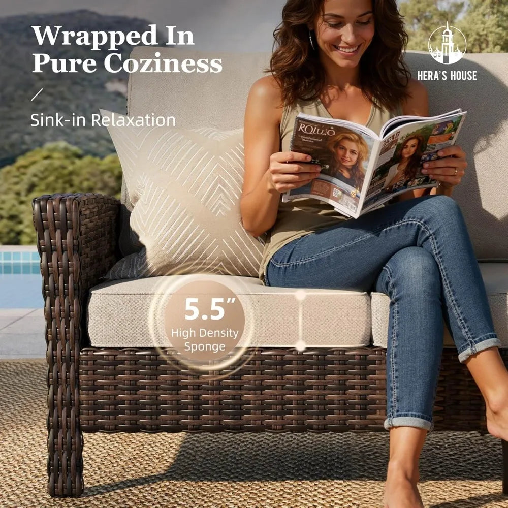 Rattan Outdoor Furniture Set, 6-piece Outdoor Deep-seated Leisure Set, Including Brazier Table and Footstool