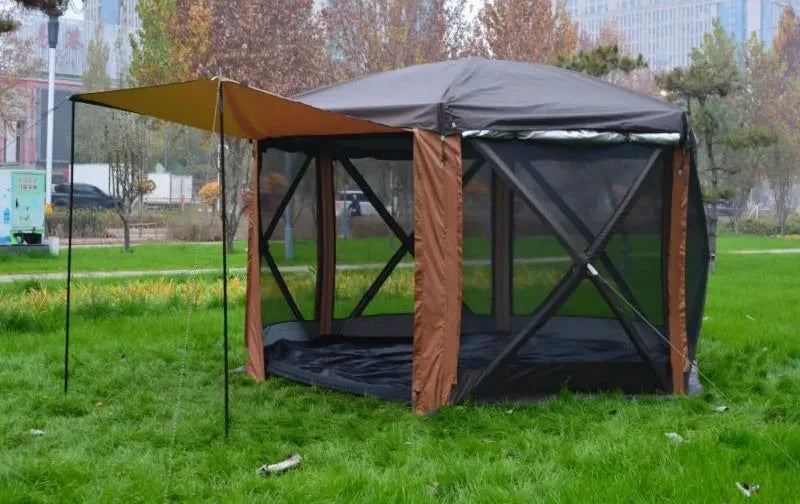 Large Space Tents Hexagonal with Awning Waterproof Camping House Tent UV Protection Family Outdoor Camping Hiking Picnic Tents
