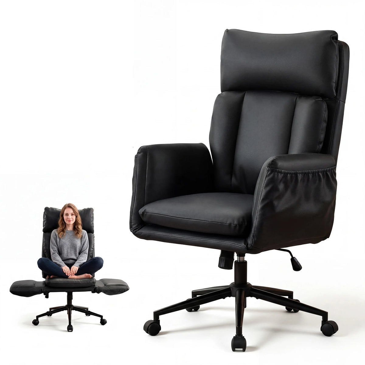 TCGBKAF Beige Big&Tall Office Chair with Flip Armrests Cross Legged Office Chair with Wheels Soft Chenille Executive Chair with Adjustable Lumbar Support Ergonomic Computer Desk Chair