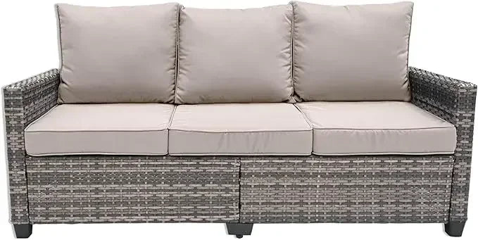 "3-seat weather-resistant wicker patio sofa with high curved back and plush cushions"
