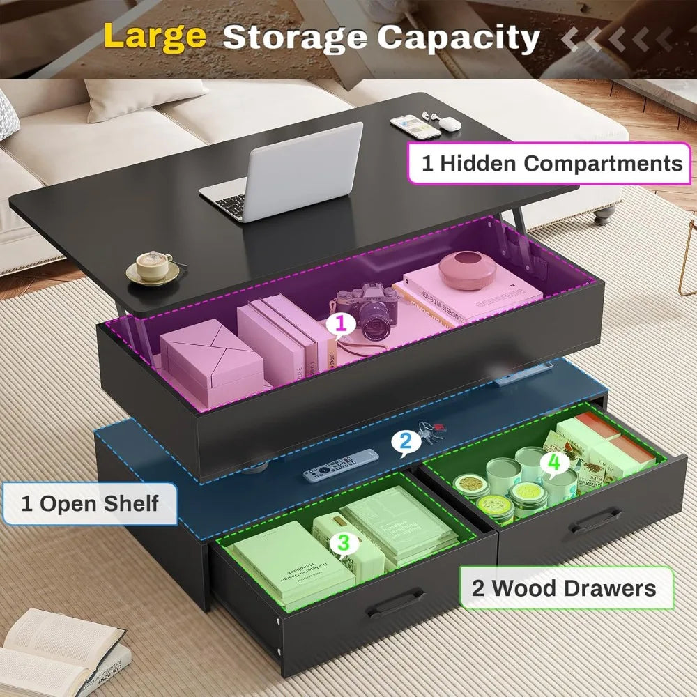 40" Lift Top Coffee Table, Coffee Tables with Storage for Living Room, Small Coffee Table with 2 Drawers & LED Light for Dining