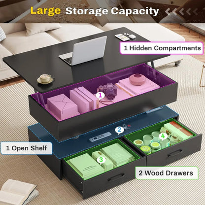 40" Lift Top Coffee Table, Coffee Tables with Storage for Living Room, Small Coffee Table with 2 Drawers & LED Light for Dining