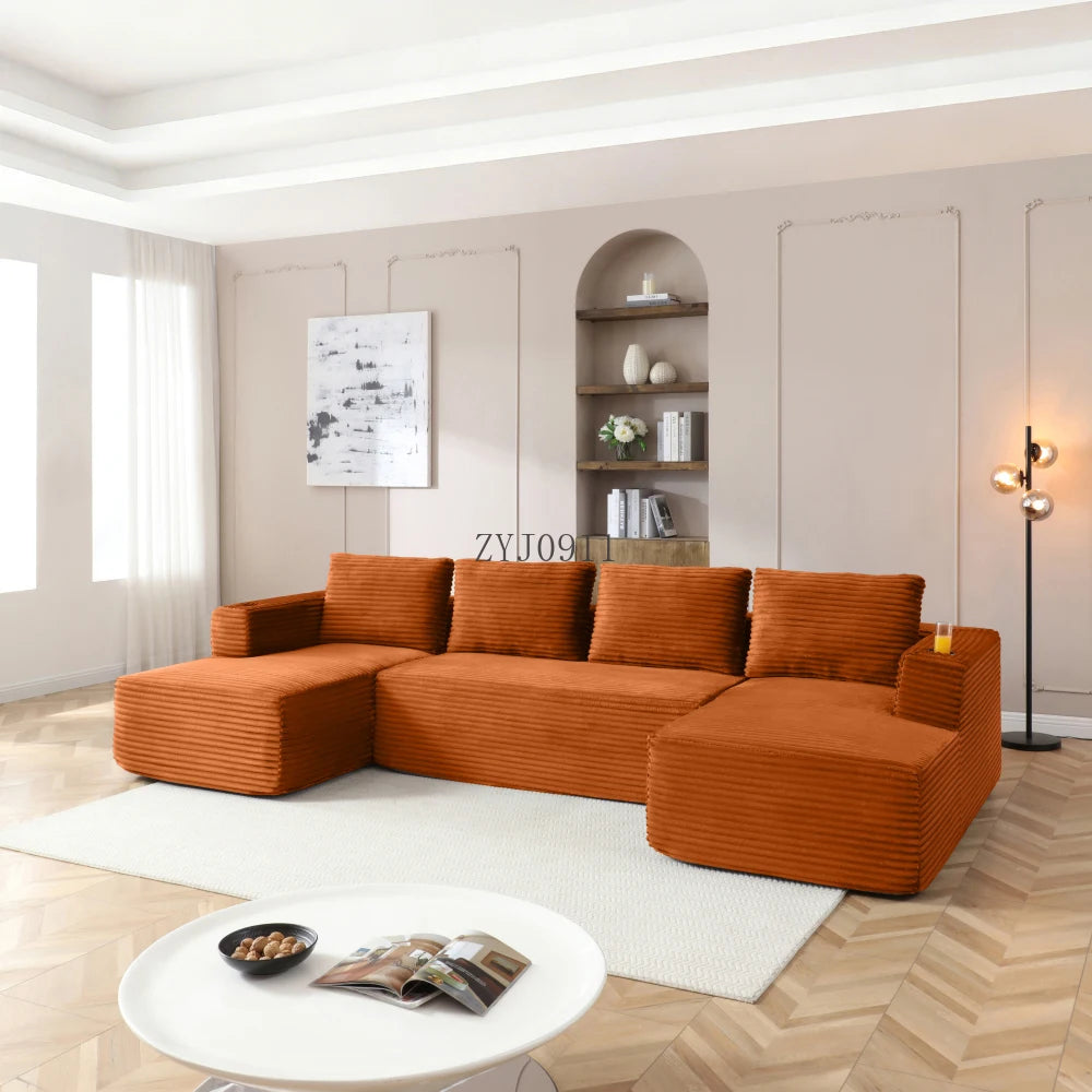 132-Inch boneless sofa, modern corduroy U-shaped modular section sofa, comfortable sofa with cup holder