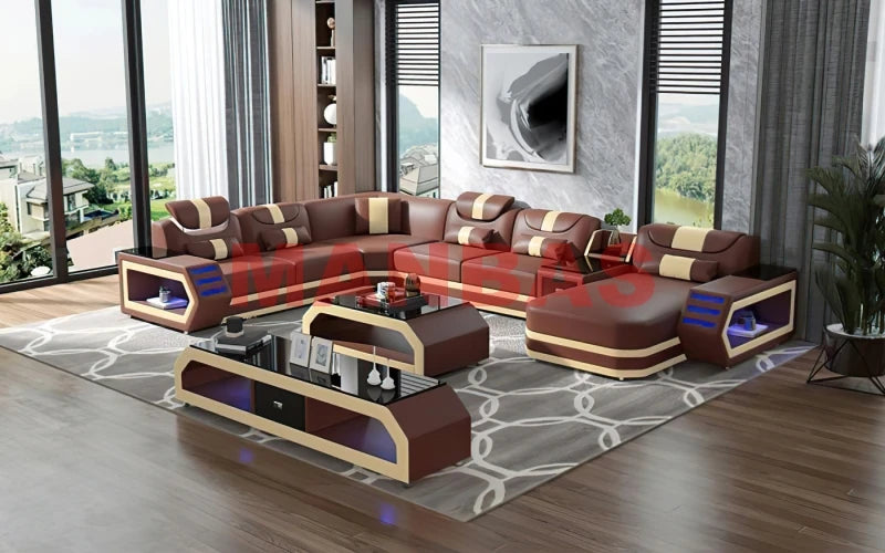 Modern LED Light Genuine Leather Sectional Sofa Set with Storage Shelves, USB Charging Ports, Cup Holder and Contemporary Design