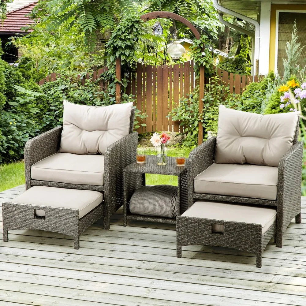 5 Pieces Outdoor Patio Wicker Chairs Set with Ottoman Outside Conversation Furniture Set with Cushions and Coffee for Ba