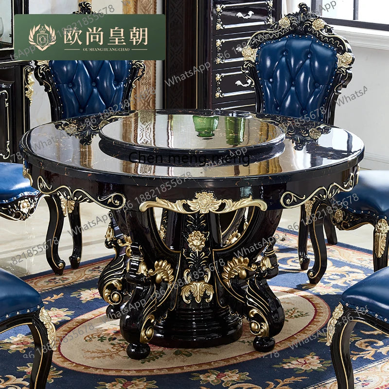 Luxury European dining table Large round table Marble dining table and chair combination American carved family