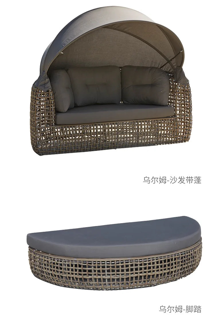 Outdoor leisure rattan sofa queen bed rough rattan recliner round bed combination with canopy round rattan awning lying outside