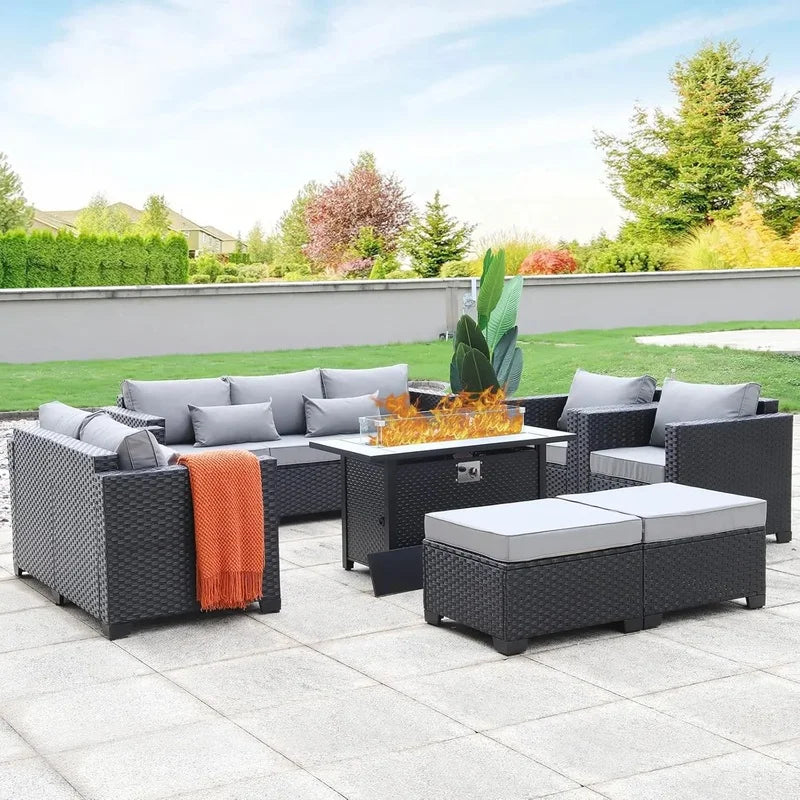 7 Piece Outdoor Furniture Set with 60000 BTU Propane Fire Pit Table and Slip-Resistant Cushions for Patio