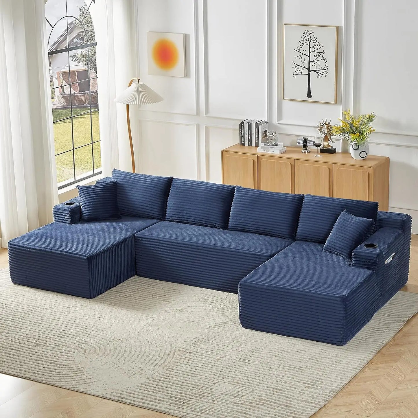 133.5" Boneless Sectional Couch with Cup Holder, U Shaped Sofa with Chaise, Oversized Modular Couch with Deep Seat, Comfy Cordur