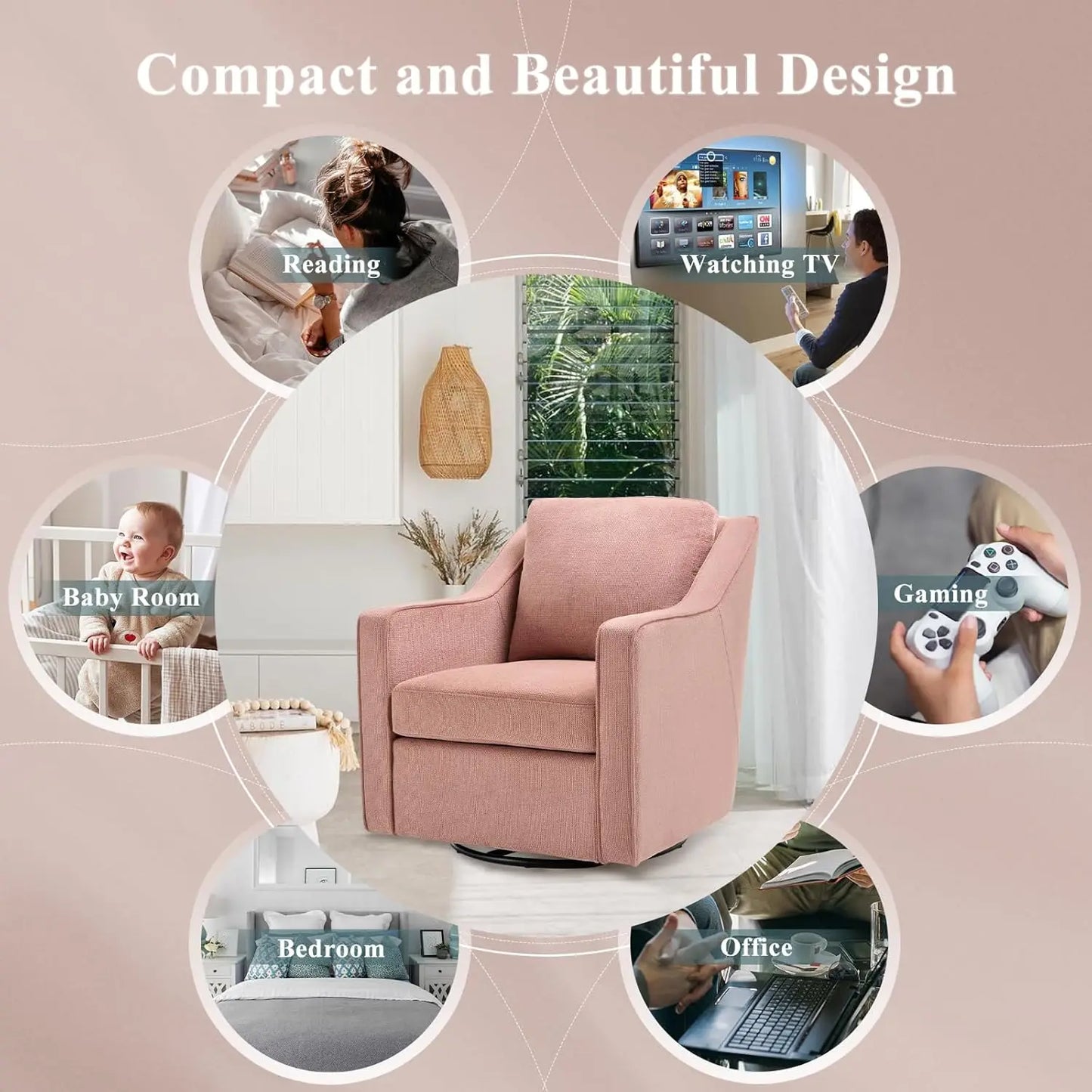Swivel Accent Chair, 360° Rotation Chenille Fabric Upholstered Leisure Armchair with Lumbar Pillow for Living Room Bedroo