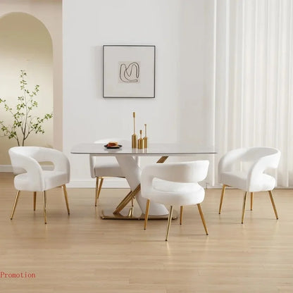 Set of 4 White Velvet Dining Chairs with Gold Legs, Modern Comfortable Barrel Armchairs for Dining Room