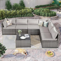 7 Pieces Outdoor Patio Furniture Set, Sectional Sofa Set Rattan Patio Conversation Sets with Couch Set &Table for Outside Garden