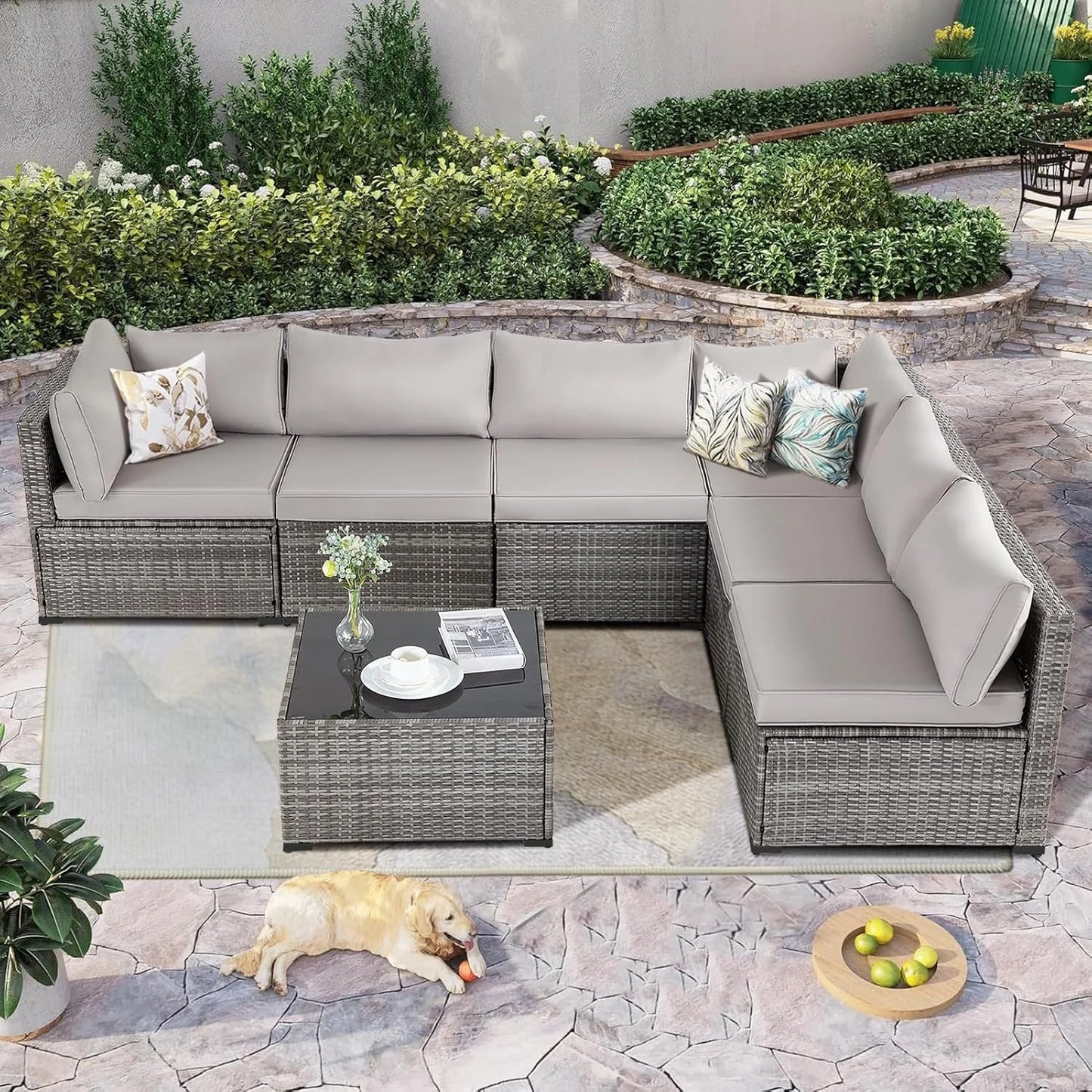 7 Pieces Outdoor Patio Furniture Set, Sectional Sofa Set Rattan Patio Conversation Sets with Couch Set &Table for Outside Garden