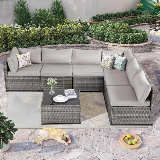 7 Pieces Outdoor Patio Furniture Set, Sectional Sofa Set Rattan Patio Conversation Sets with Couch Set &Table for Outside Garden