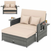 Moccha Outdoor Daybed, Wicker Loveseat Sofa Set with 4Postion Adjustable Backrest, Storage Ottoman, Cushions, Rattan Double Bed